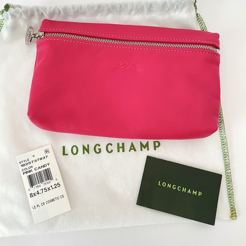Longchamp Le Pliage Cuir Pouch Candy PINK lambskin leather Made in France - Picture 4 of 12